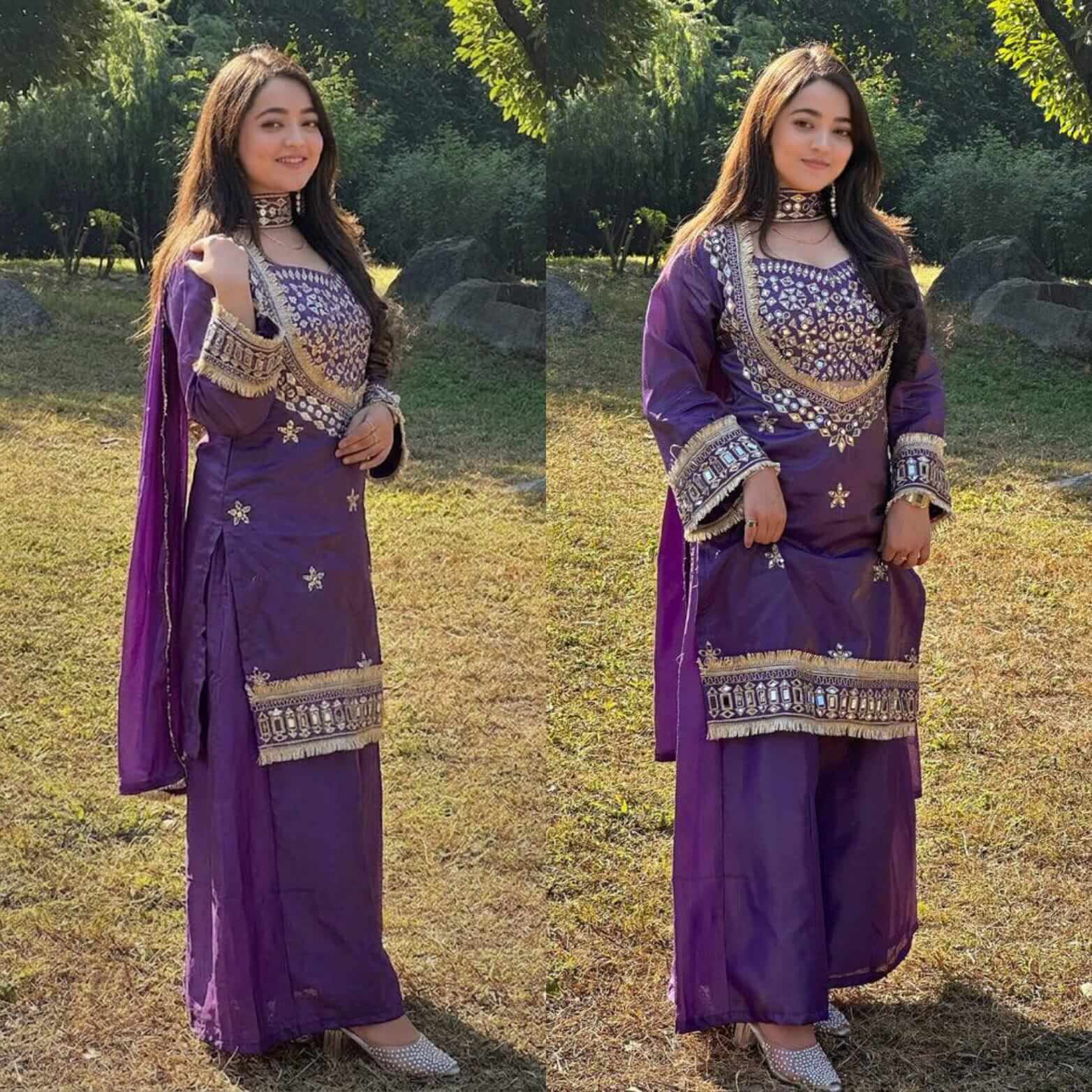 Royal purple mirror work gharara set